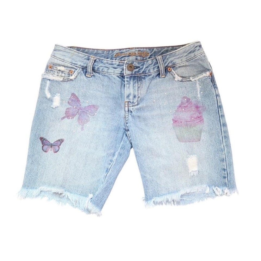 American Eagle Low Rise Butterfly Cupcake Denim Shorts 2